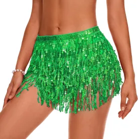 Womens Belly Dance Hip Scarf with Sparkly Fringe Rave Party Sequin Skirt Costume Festival Tassel Skirt