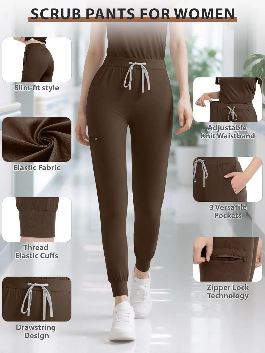 Women's Medical Scrub Pants, Soft Jogger Pant Scrub Bottoms with Zip Pocket Drawstring Mid-Rise Yoga Slim Cargo Pants