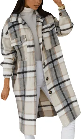 YMING Womens Button Down Plaid Jackets Oversized Boyfriend Shirt Lapel Color Block Long Shacket with Pockets