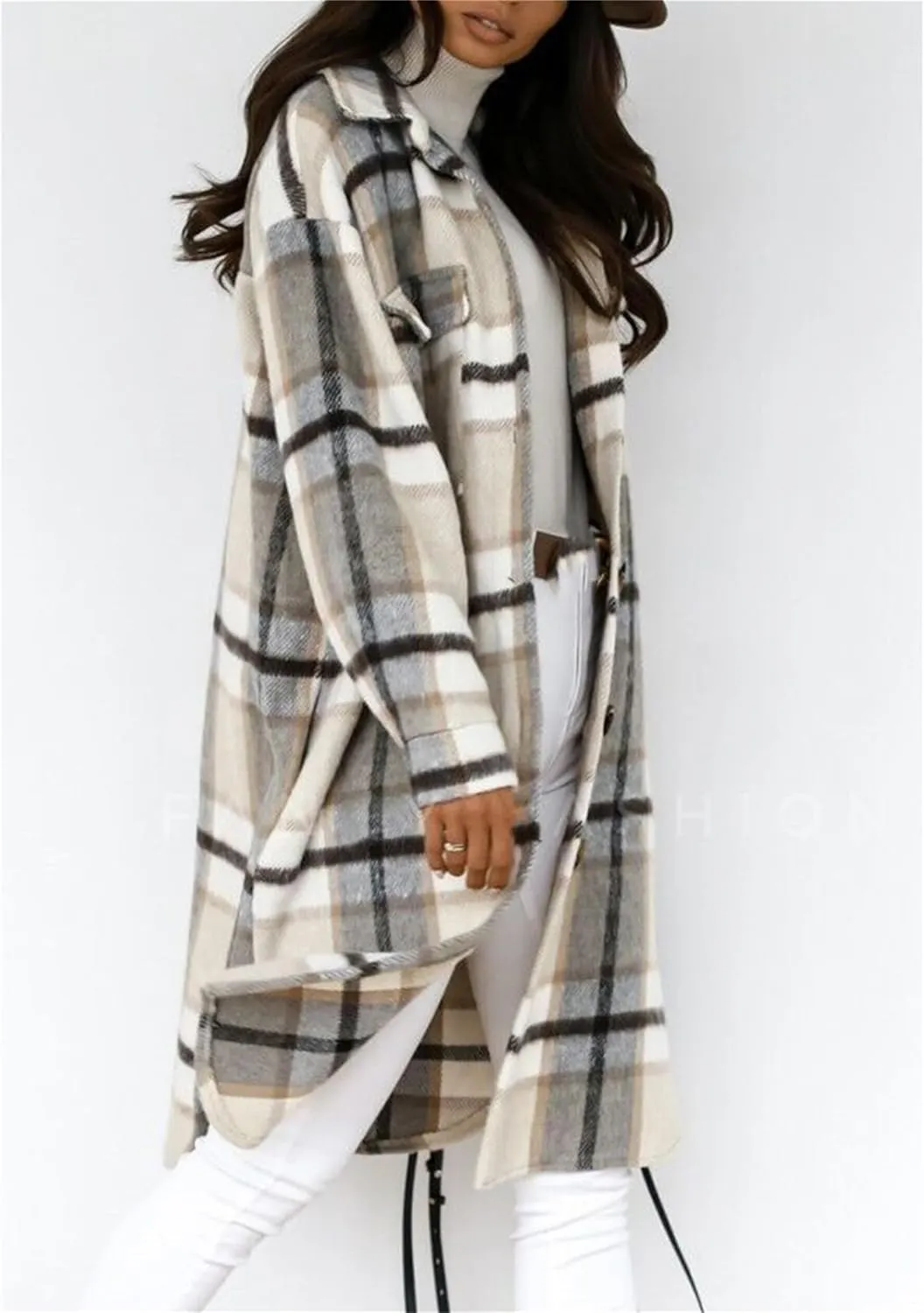 YMING Womens Button Down Plaid Jackets Oversized Boyfriend Shirt Lapel Color Block Long Shacket with Pockets